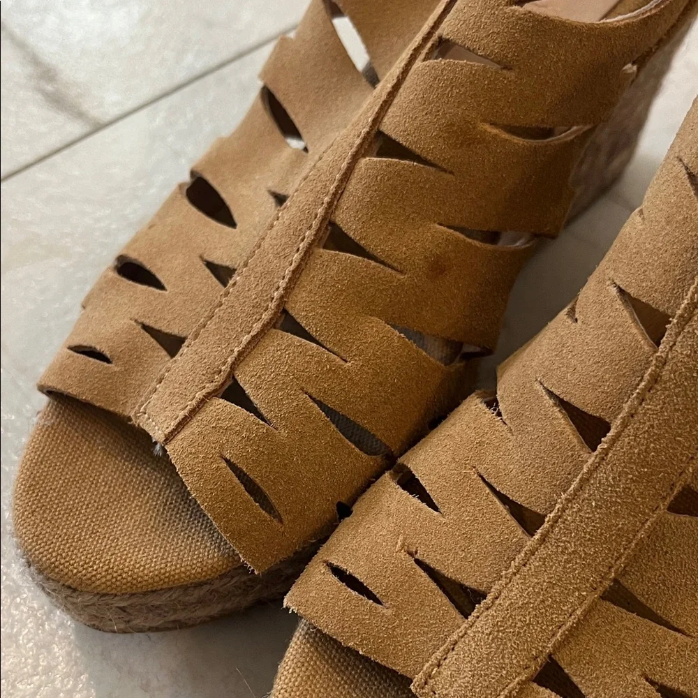 kanna Tan Suede Cutout Espadrille Wedge Sandals